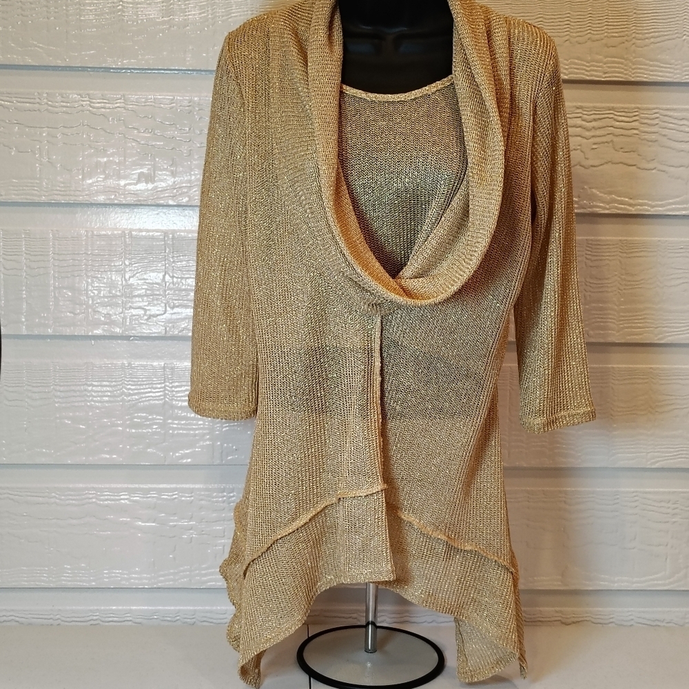 Coco Bianco Women's Small Gold Metallic Cowl Neck Sweater Y2K Grail Art To Wear - Picture 2 of 8
